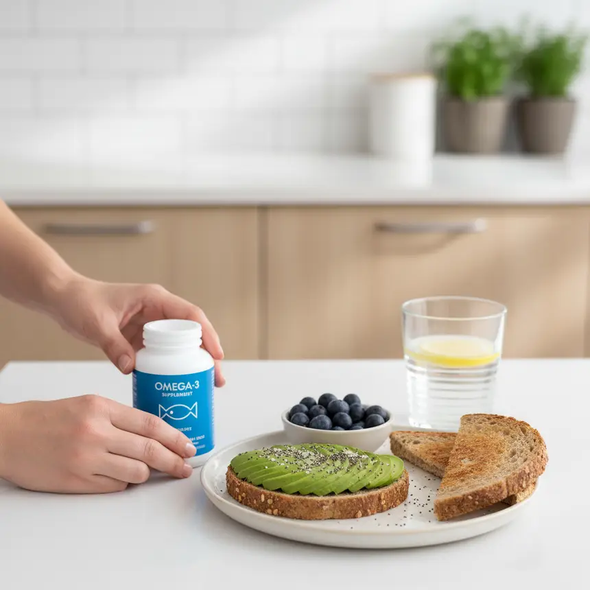 Omega-3 with meal, supplement storage, health routine
