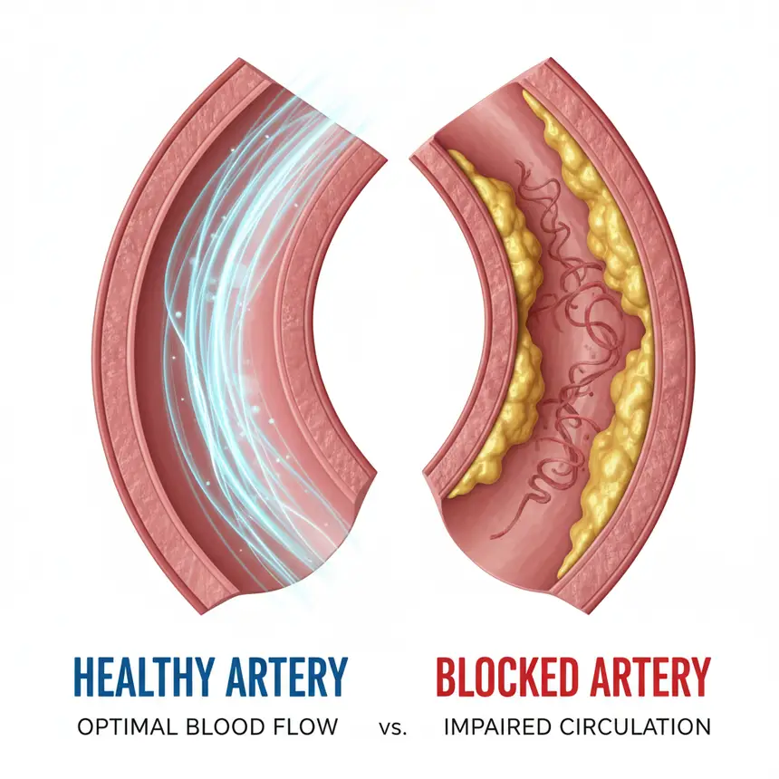 Healthy artery, cholesterol plaque buildup, blocked blood flow