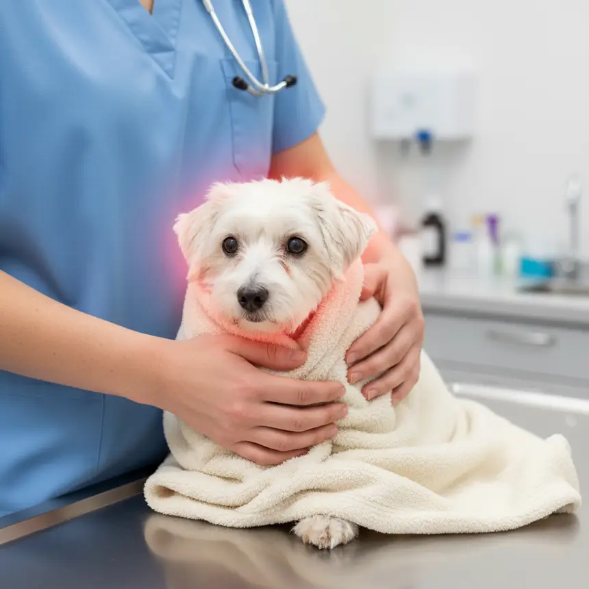 Hands wrapping a shivering dog in a blanket