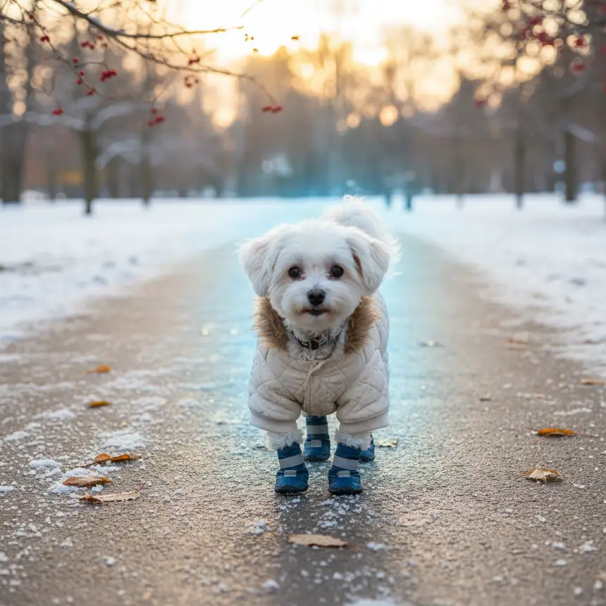 Dog walking in winter coat and boots
