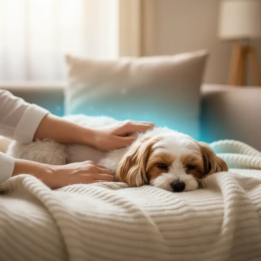 Human hands petting a dog on a blanket