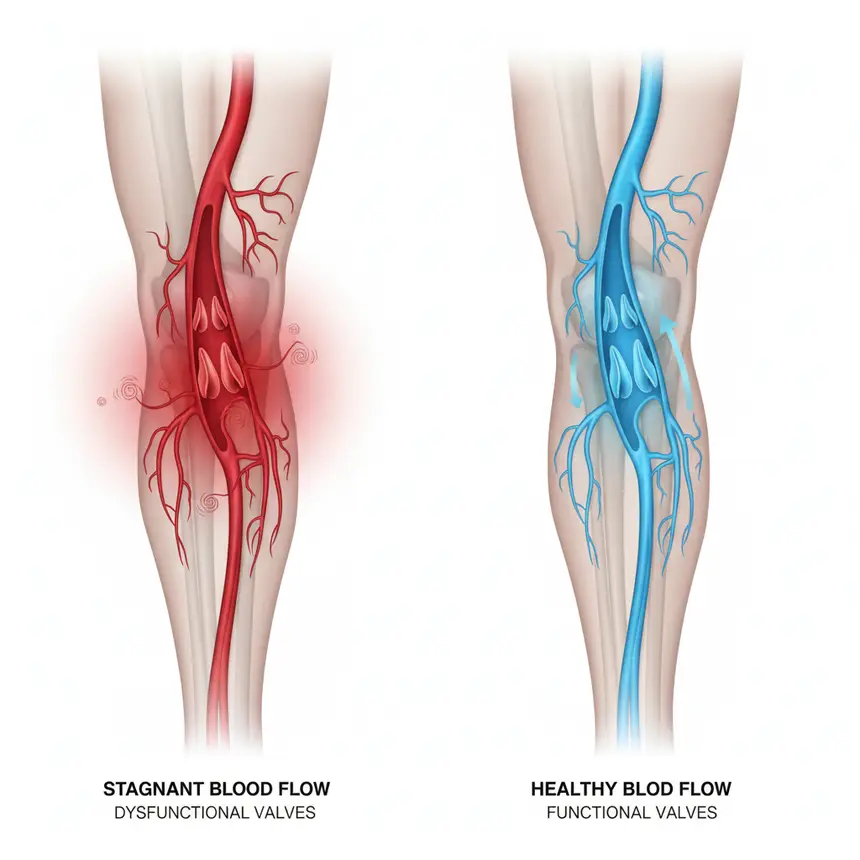 Leg veins, blood circulation, valve function