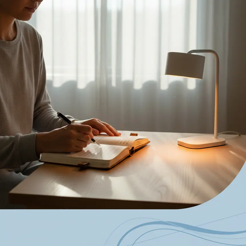 Person journaling in a bedroom with ambient light