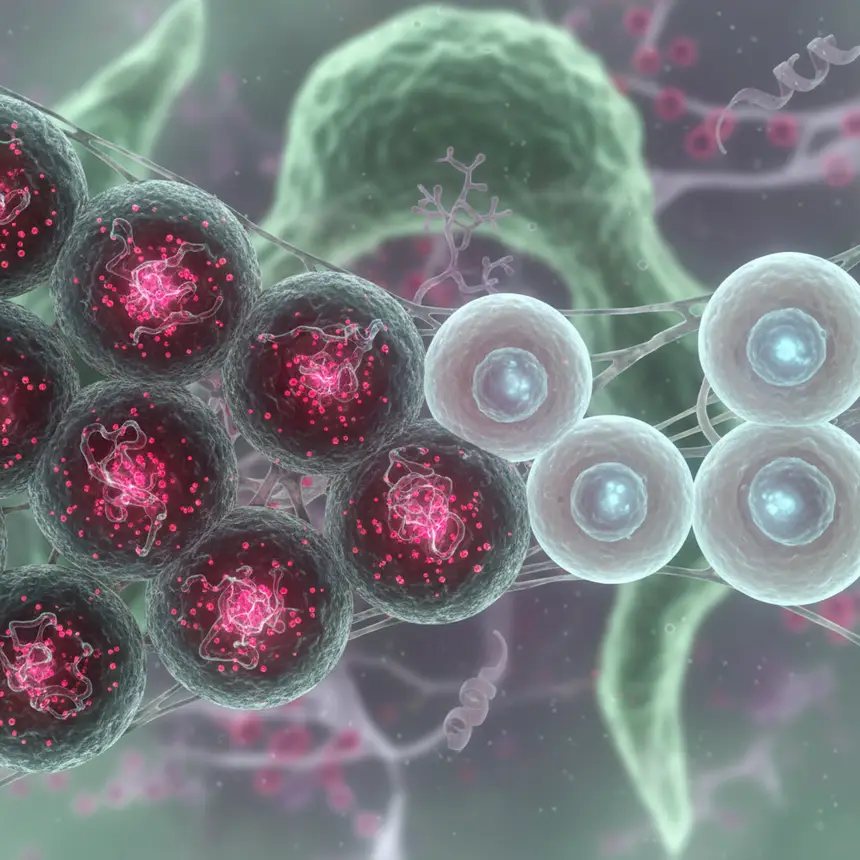 Stylized human cells, metabolic waste, oxidative stress, blue glow struggle, complex biological environment