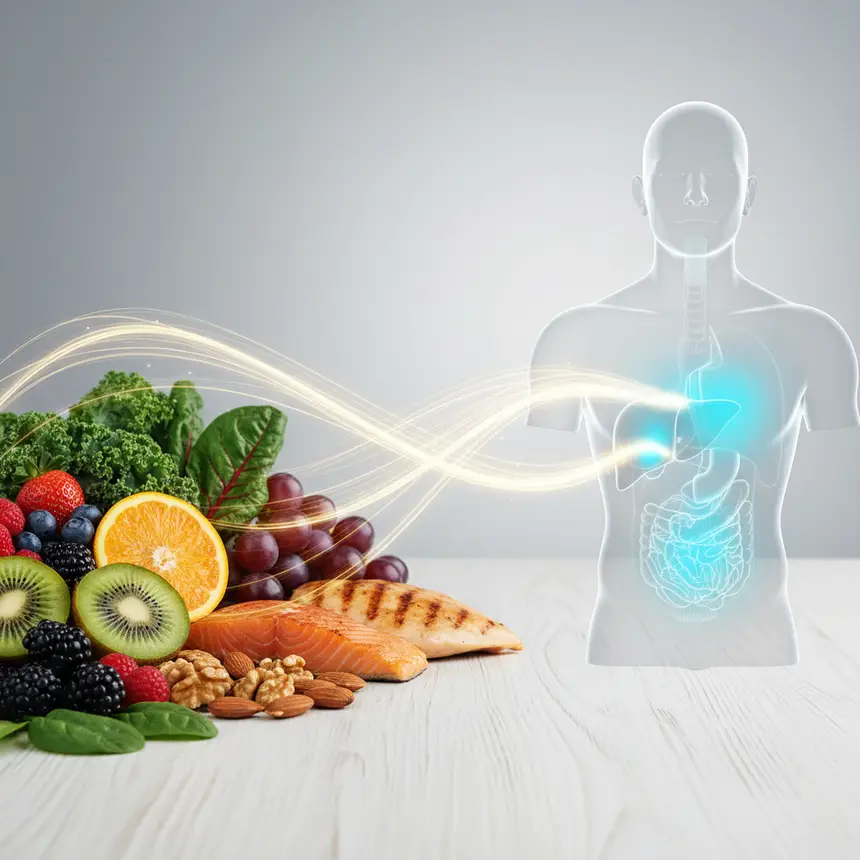 Nutrient-rich foods, golden nutrient flow, healthy body, optimized metabolic pathways, efficient detoxification
