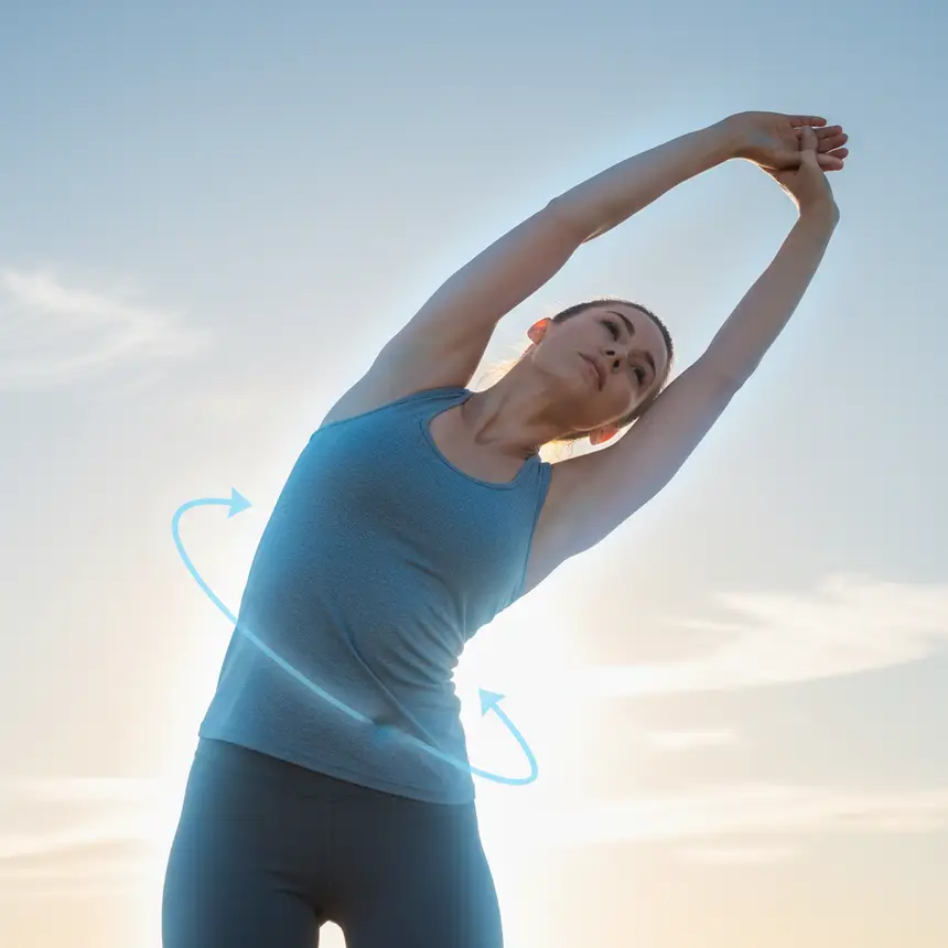 Person stretching, subtle motion arc, cool blue glow, overall well-being, vitality