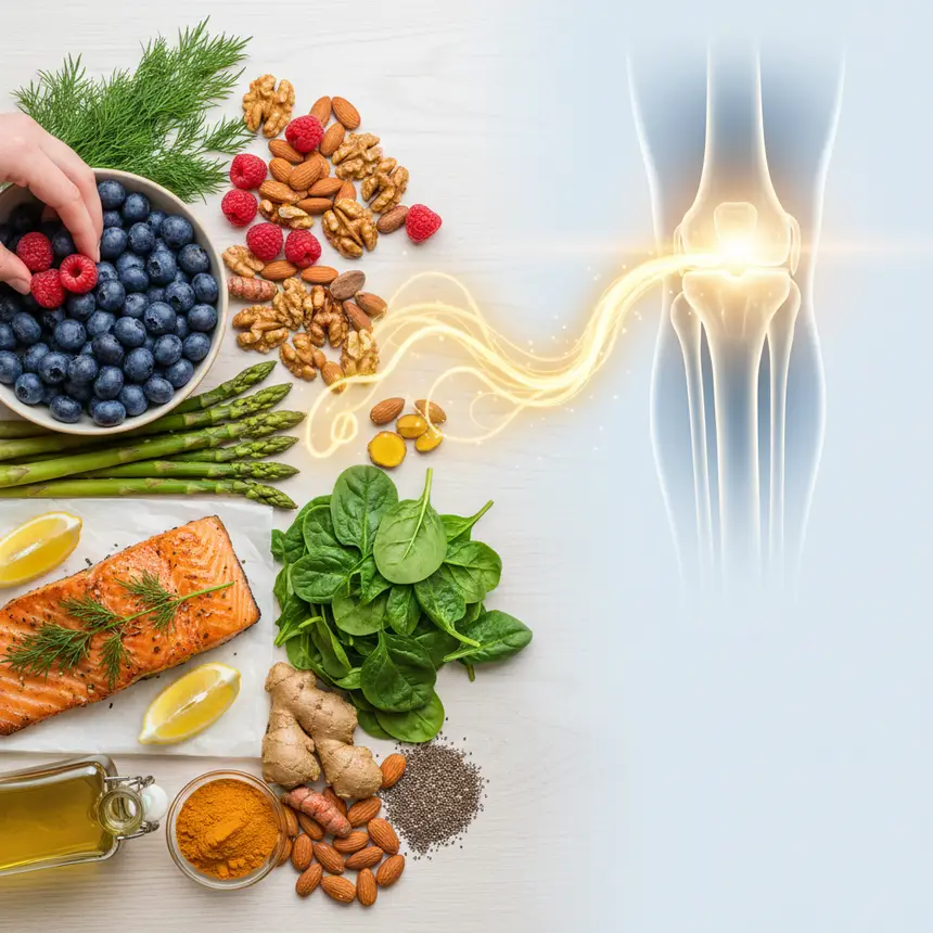 Anti-inflammatory diet, joint support nutrients, low-impact exercises